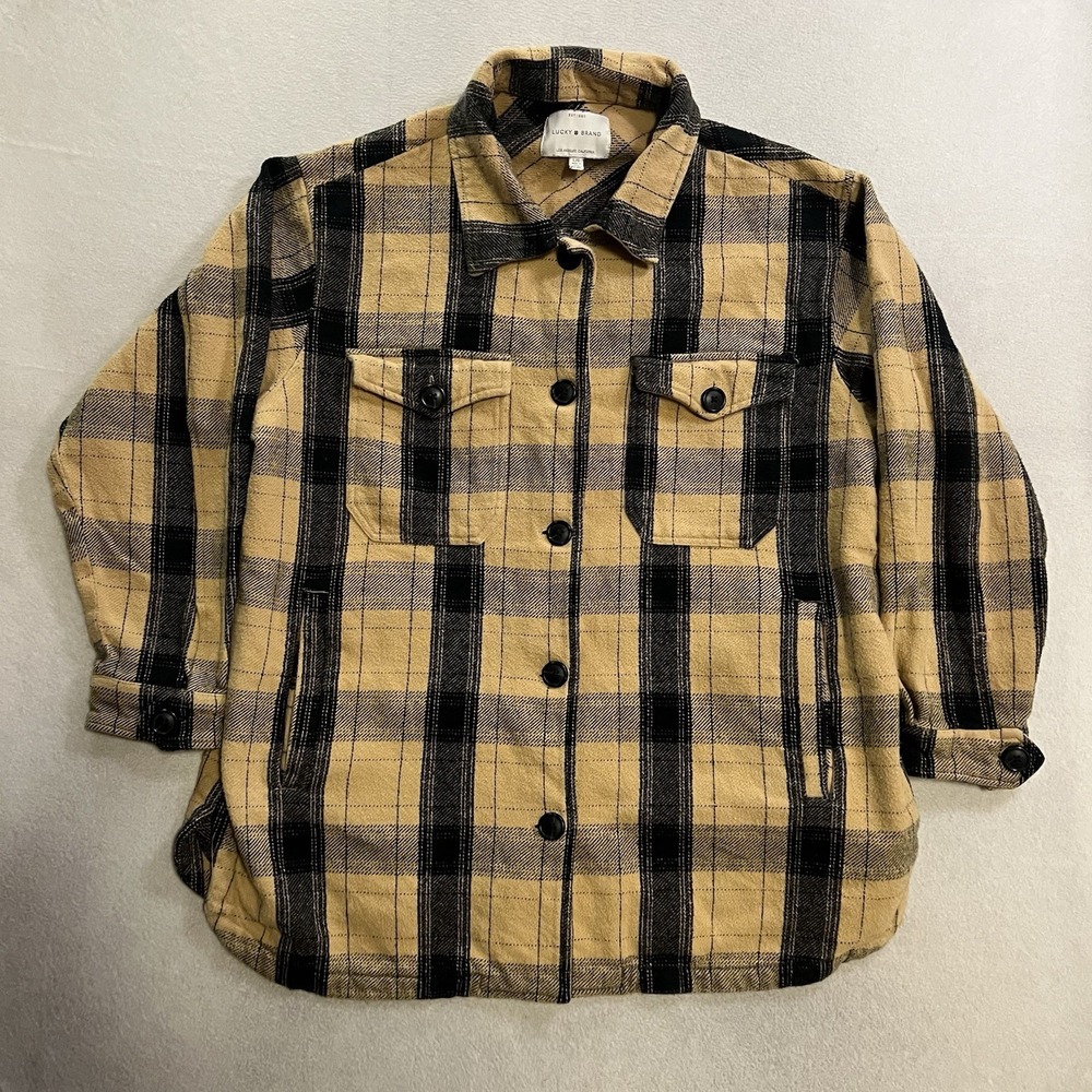 Lucky Brand Shirt Womens Large Beige Plaid Shacket Heavy Cotton Button Up